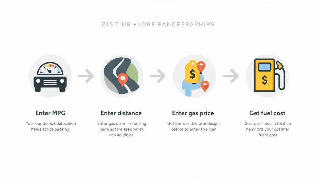 Infographic Gas Trip Calculator showing four steps to calculate gas cost for a trip: enter MPG, distance, gas price, and get total fuel cost.