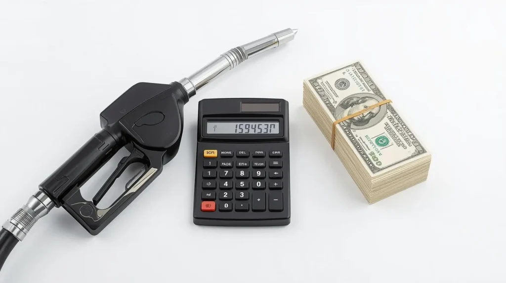 Gas Trip Calculator pump nozzle next to calculator and dollar bills representing fuel cost calculation.