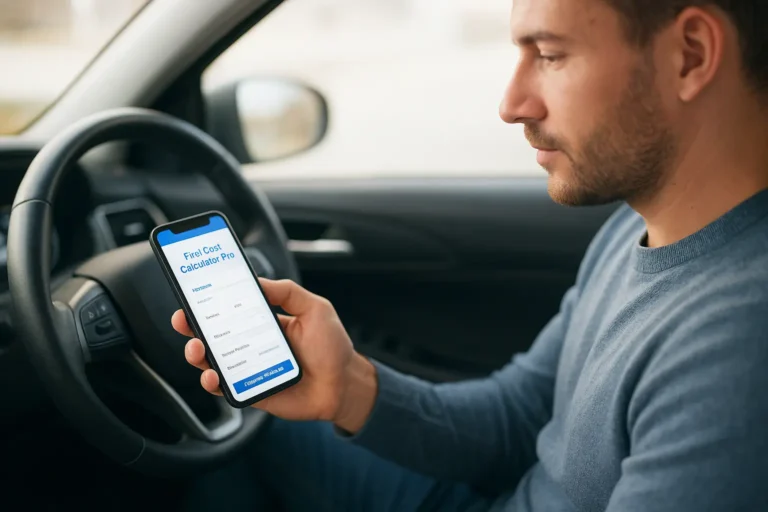 Man sitting in a car using a smartphone with Fuel Cost Calculator Pro app to estimate trip fuel costs.
